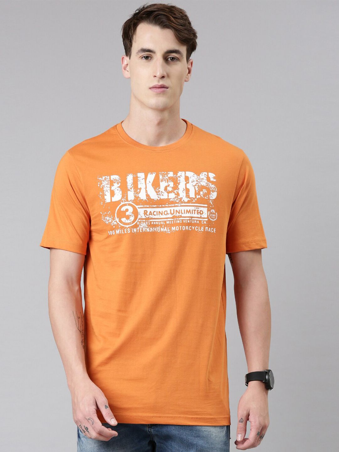 Chennis Men Orange Typography Printed Slim Fit Pure Cotton T-shirt