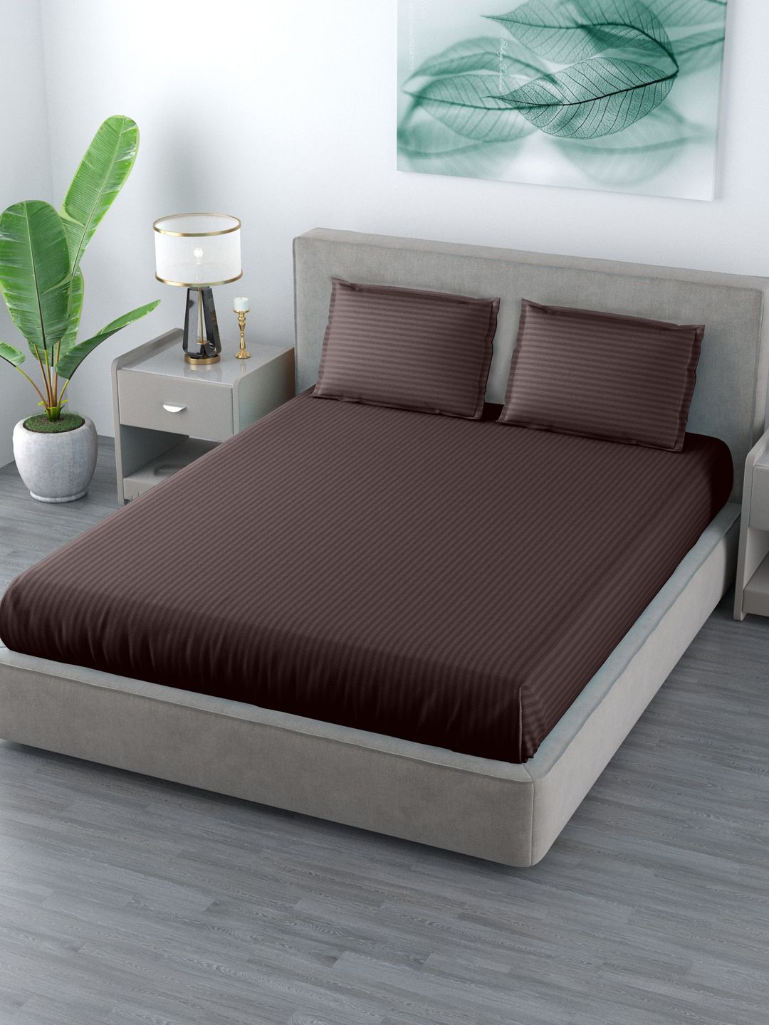 LIVING ROOTS Brown Striped Polycotton 144 TC King Bedsheet with 2 Pillow Covers-254 x 229 cm