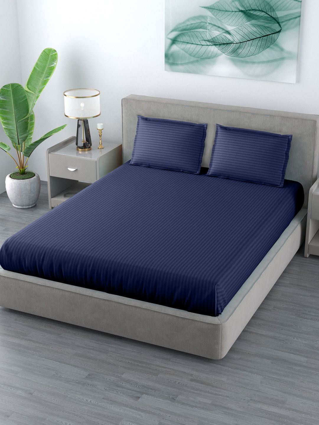 LIVING ROOTS Navy Blue Striped Polycotton Breathable 144 TC King Fine Bedsheet with 2 Pillow Covers-90 x 103 inches