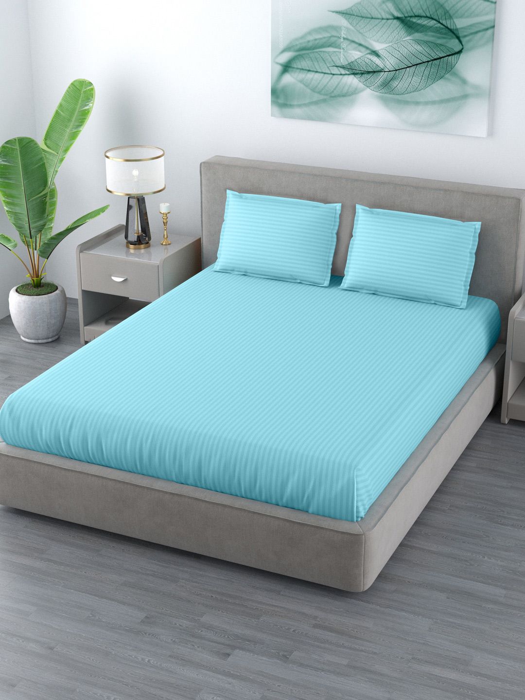 LIVING ROOTS Blue Striped Polycotton Breathable 144 TC King Bedsheet with 2 Pillow Covers-228 x 262 cm