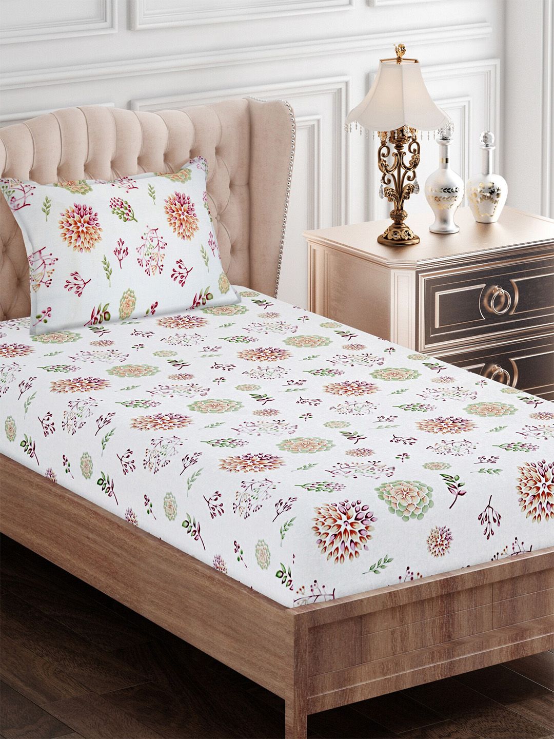Buy SEJ By Nisha Gupta Green Floral Cotton 144 TC Single Bedsheet With A Pillow Cover 56 X 87 Inches -  - Home for Unisex