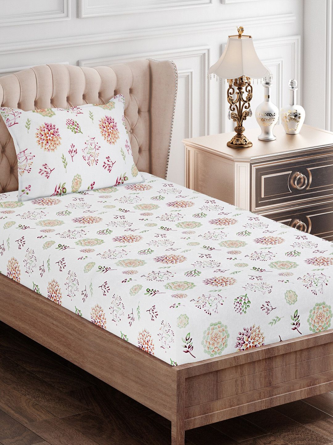 Buy SEJ By Nisha Gupta Pink Floral Cotton 144 TC Single Bedsheet With A Pillow Cover 87 X 93 Inches -  - Home for Unisex