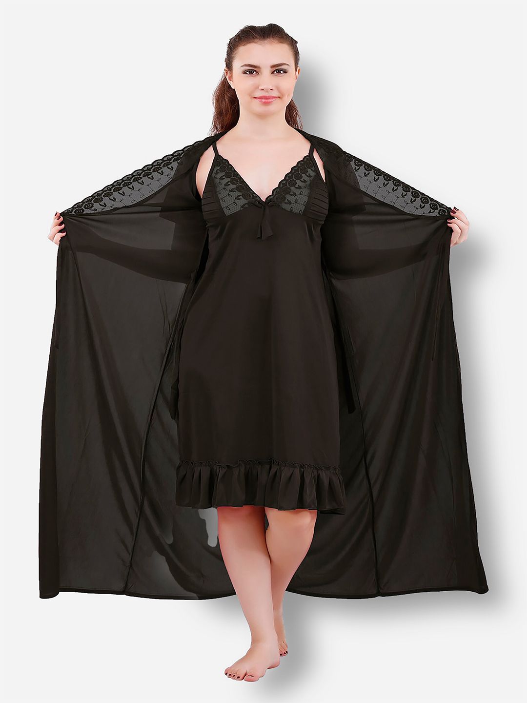 Romaisa Women Black Solid Lace Detail 2 Piece Satin Maxi Wrap Nightdress