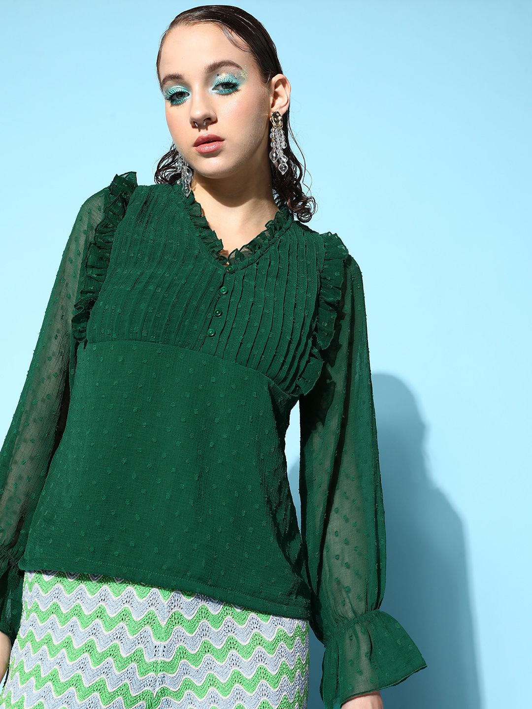 plusS Green Self-Design Feminine Frills Top