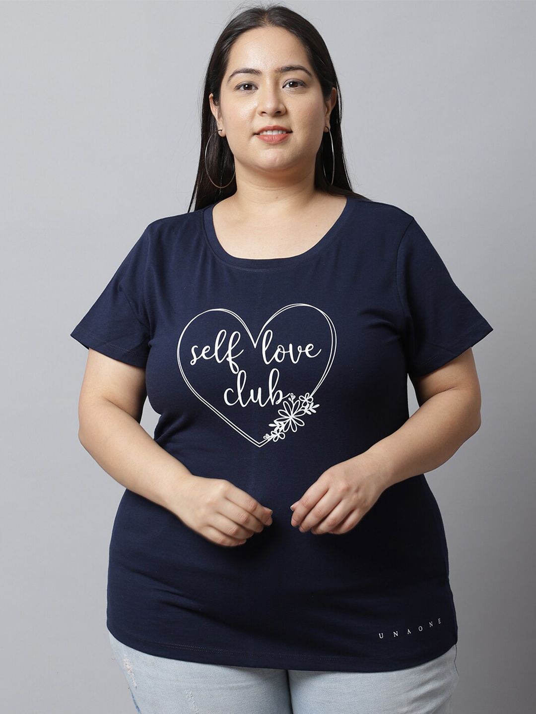 UnaOne Women Plus Size Navy Blue Typography Printed Regular Fit T-shirt