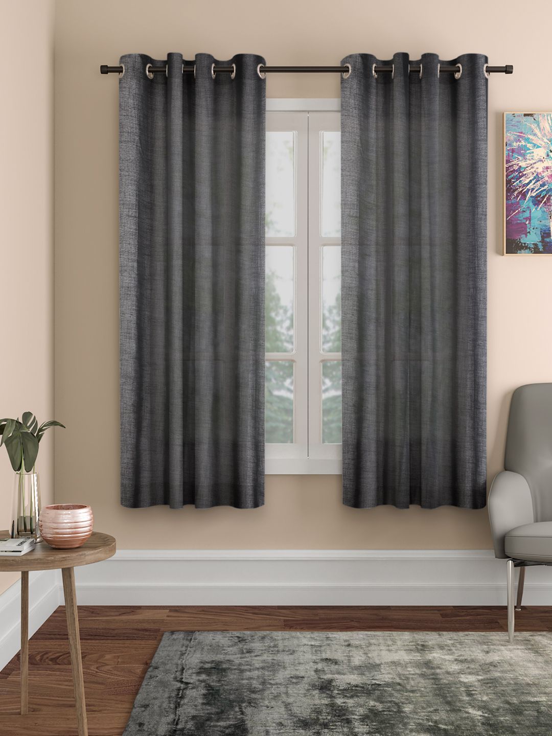 ROSARA HOME Dark Grey Set of 2 Solid Sheer Window Curtains