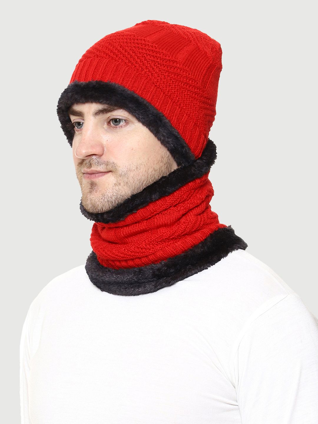 WEAVERS VILLA Men Red & Black Acrylic Beanie with Muffler Set