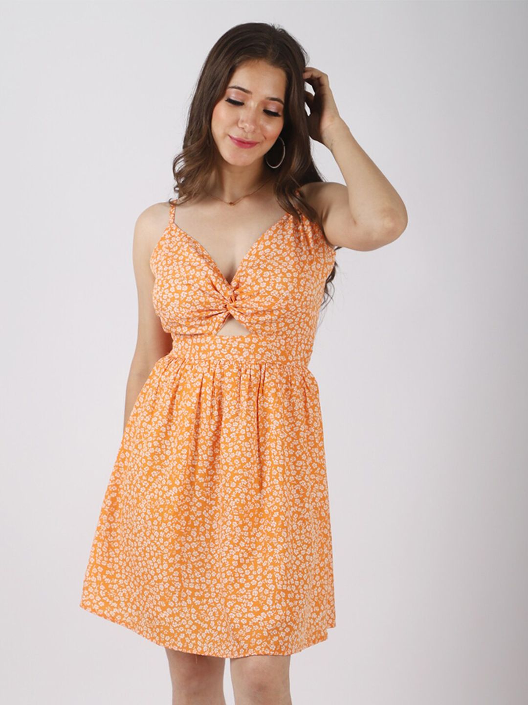 Fuchsia Mustard Yellow Floral Printed Crepe Fit & Flare Dress