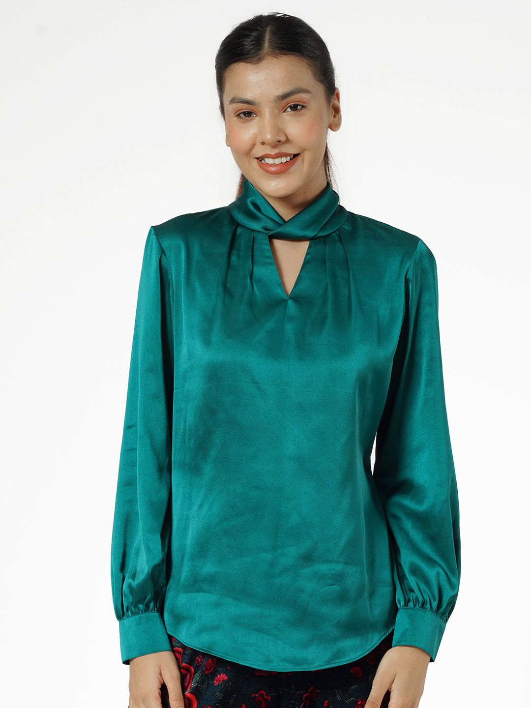 Taurus Women Green Keyhole Neck Satin Top