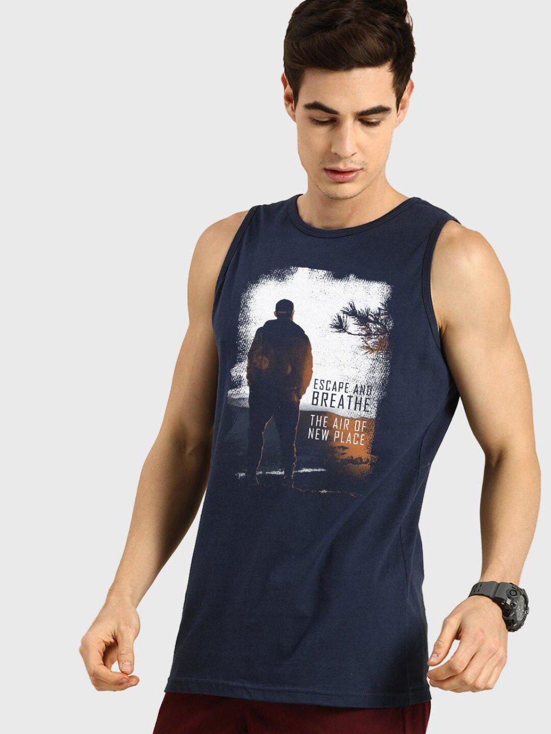 Bewakoof Men Blue Printed Cotton Innerwear Vests