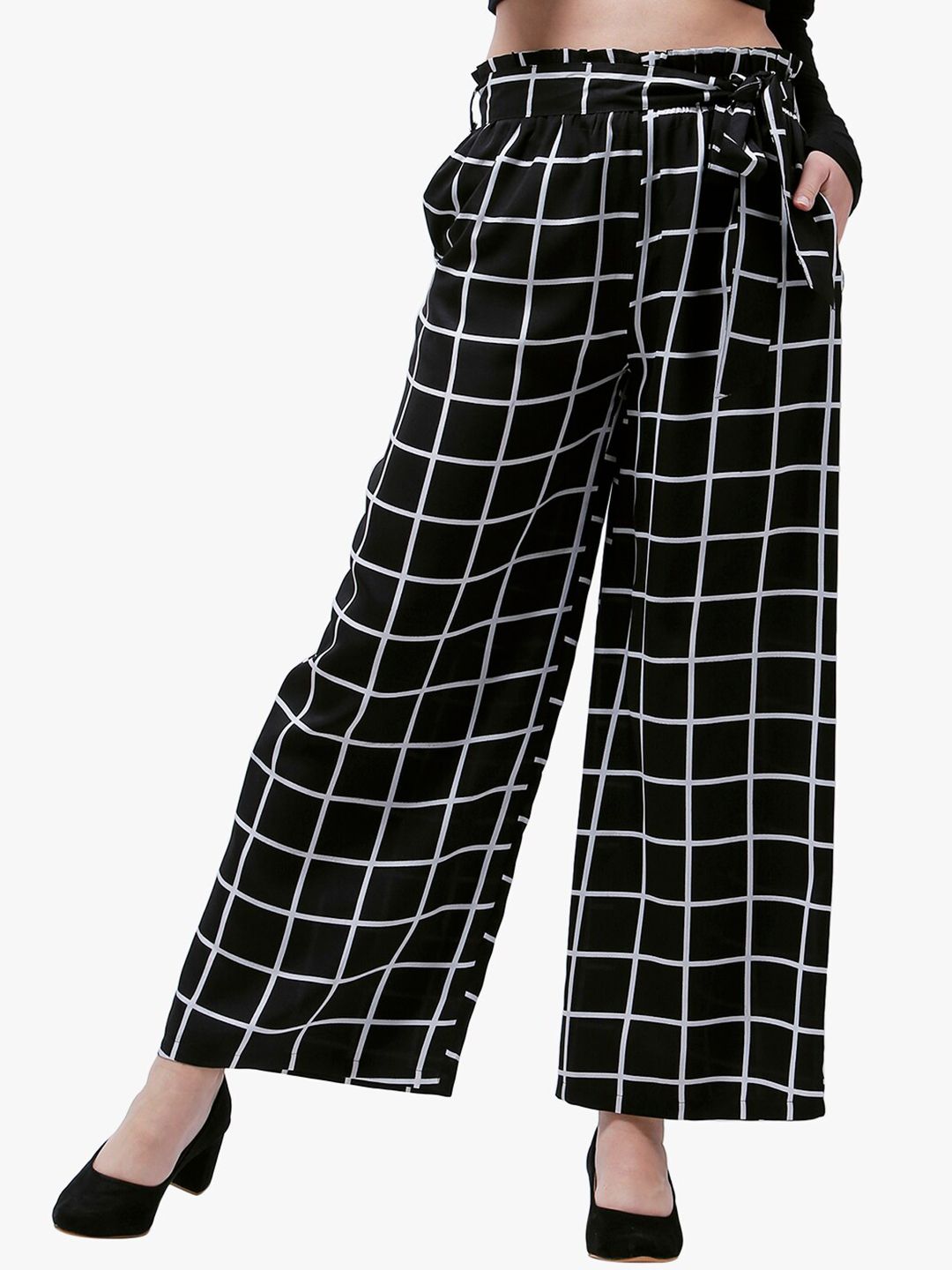 Zastraa Women Black Checked Relaxed Fit High-Rise Parallel Trousers