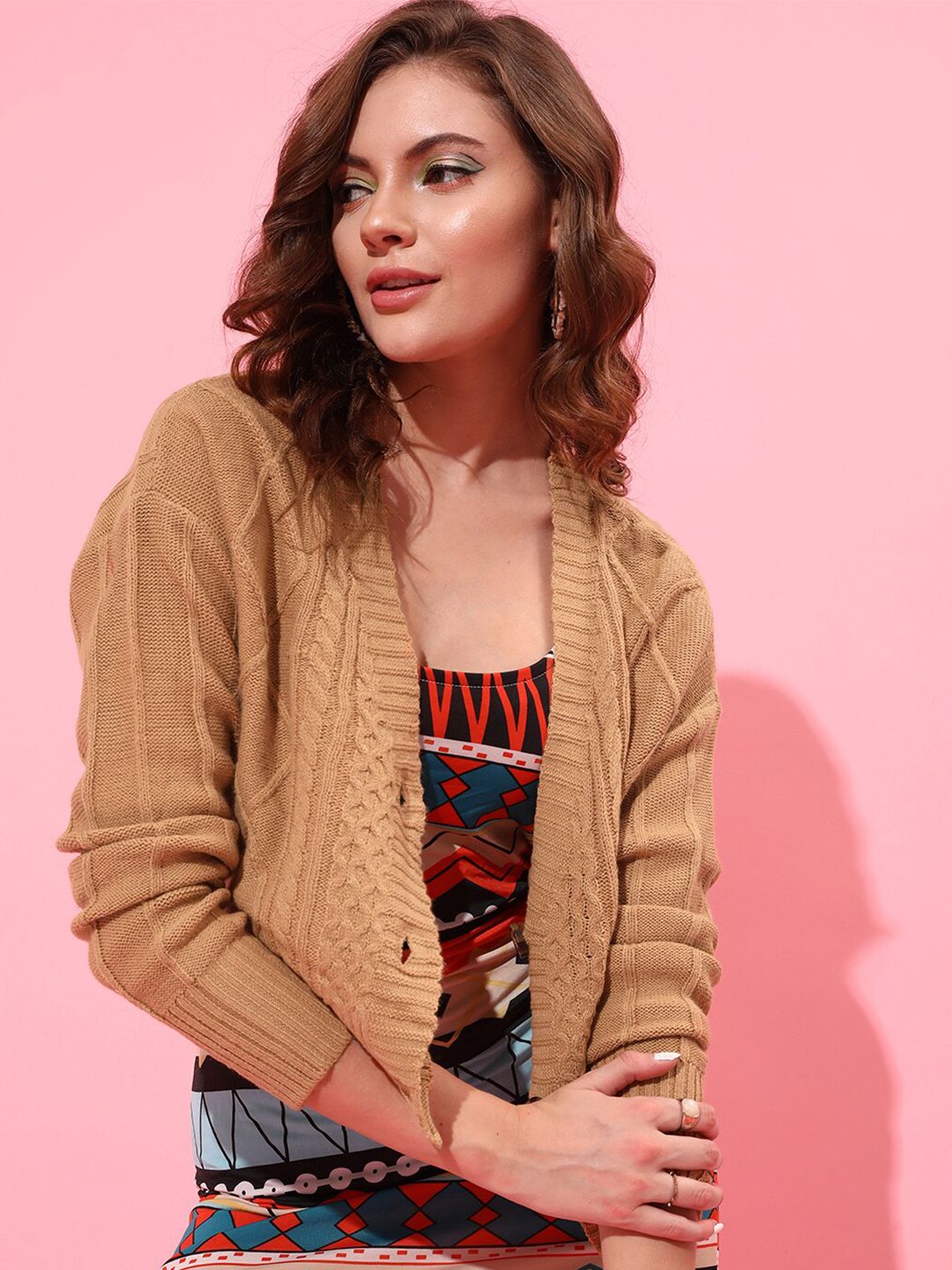 STREET 9 Women Beige Self Design Cable Knit Acrylic Cardigan