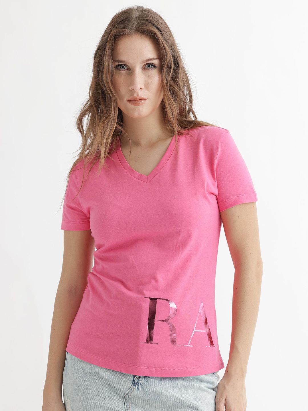 RAREISM Women Pink Graphic Print Regular Fit Half Sleeve Crew Neck T-Shirt