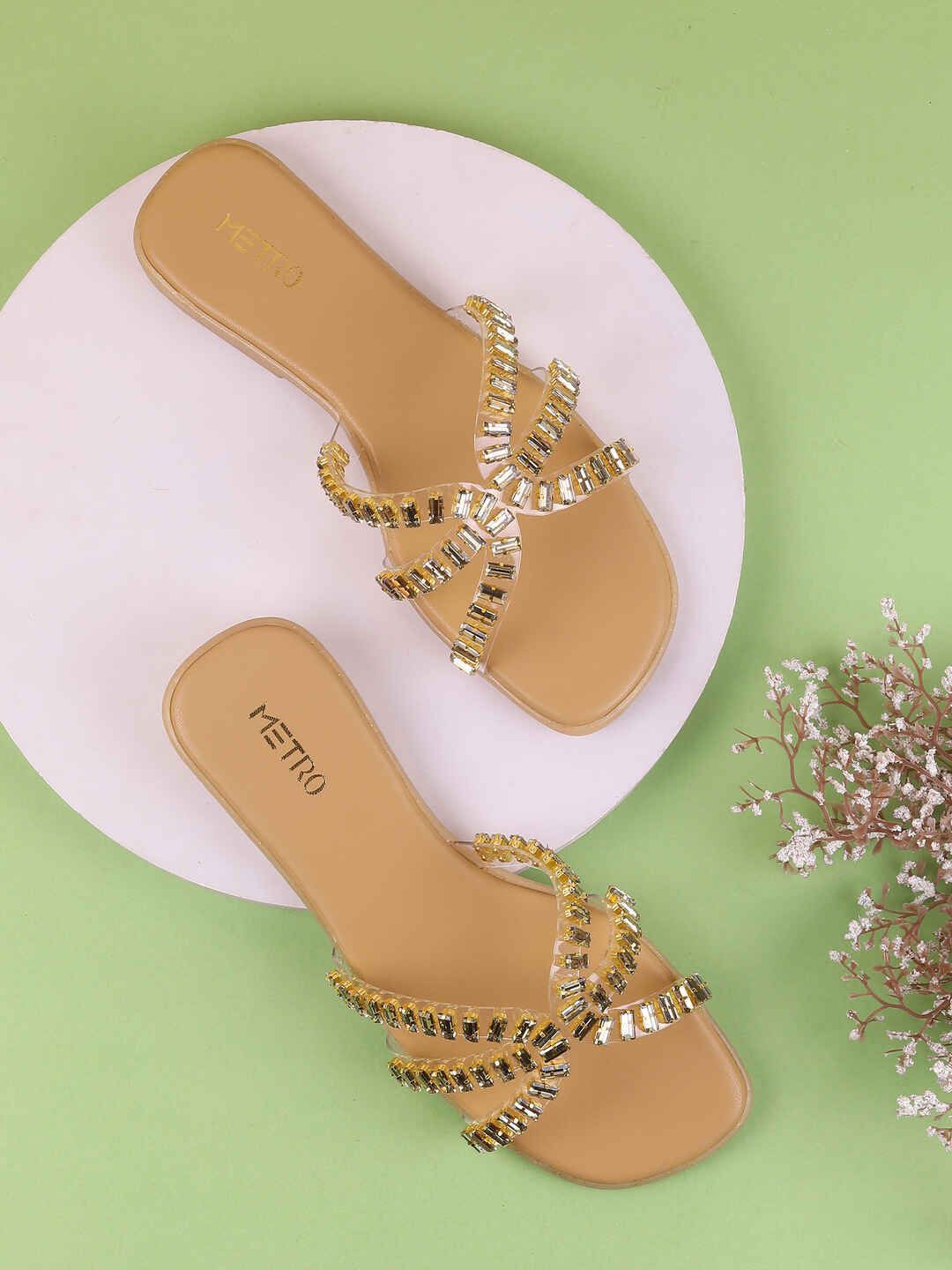 Metro Women Brown Mirror Textured Open Toe Flats