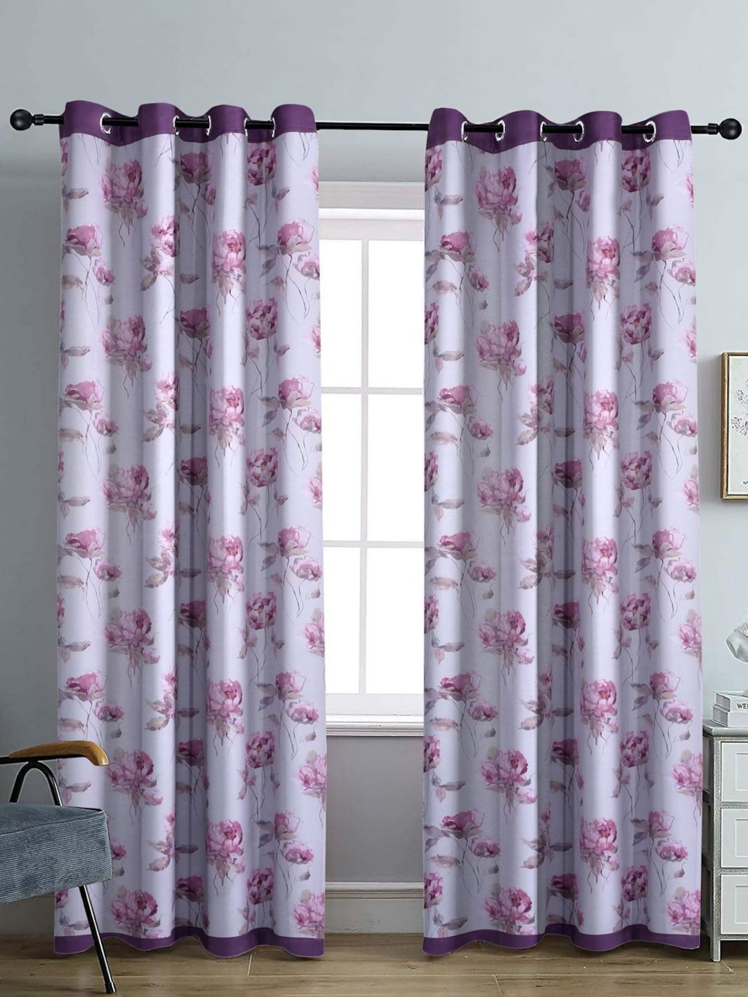 Aura White & Purple Set of 2 Floral Black Out Long Door Curtain