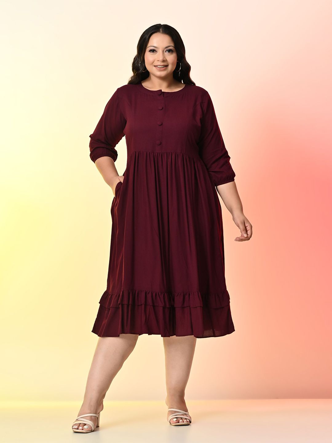 PrettyPlus by Desinoor.com Wine Plus Size Puff Sleeve Fit & Flare Midi Dress