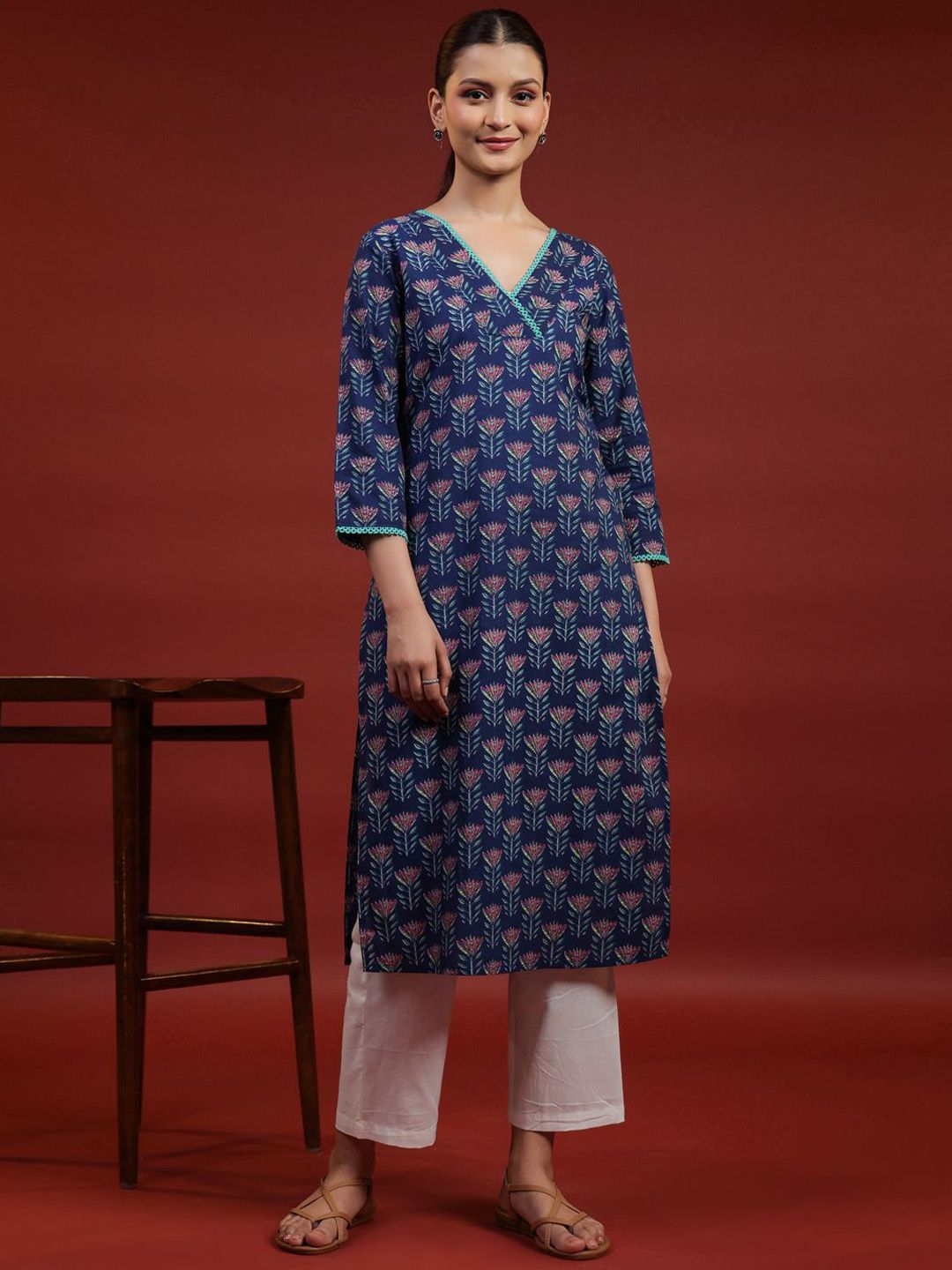 anayna Women Ethnic Motifs Printed Flared Sleeves Mirror Work Floral Kurta
