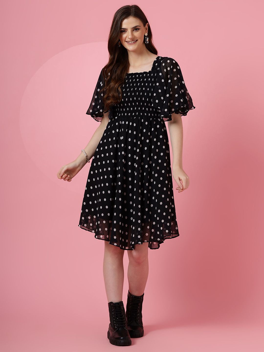 Polka Dot Print Flared Sleeve Georgette Fit & Flare Midi Dress 2