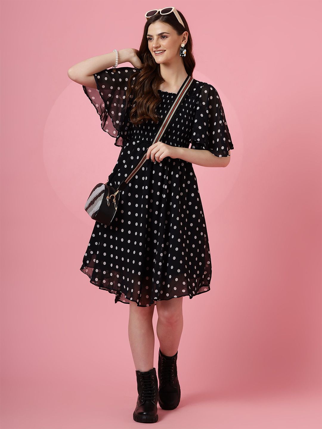 Polka Dot Print Flared Sleeve Georgette Fit & Flare Midi Dress