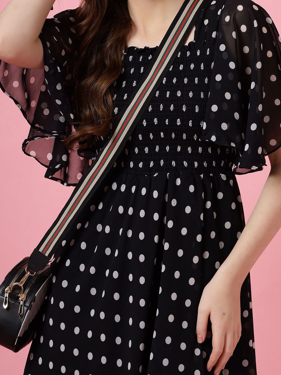 Polka Dot Print Flared Sleeve Georgette Fit & Flare Midi Dress 3