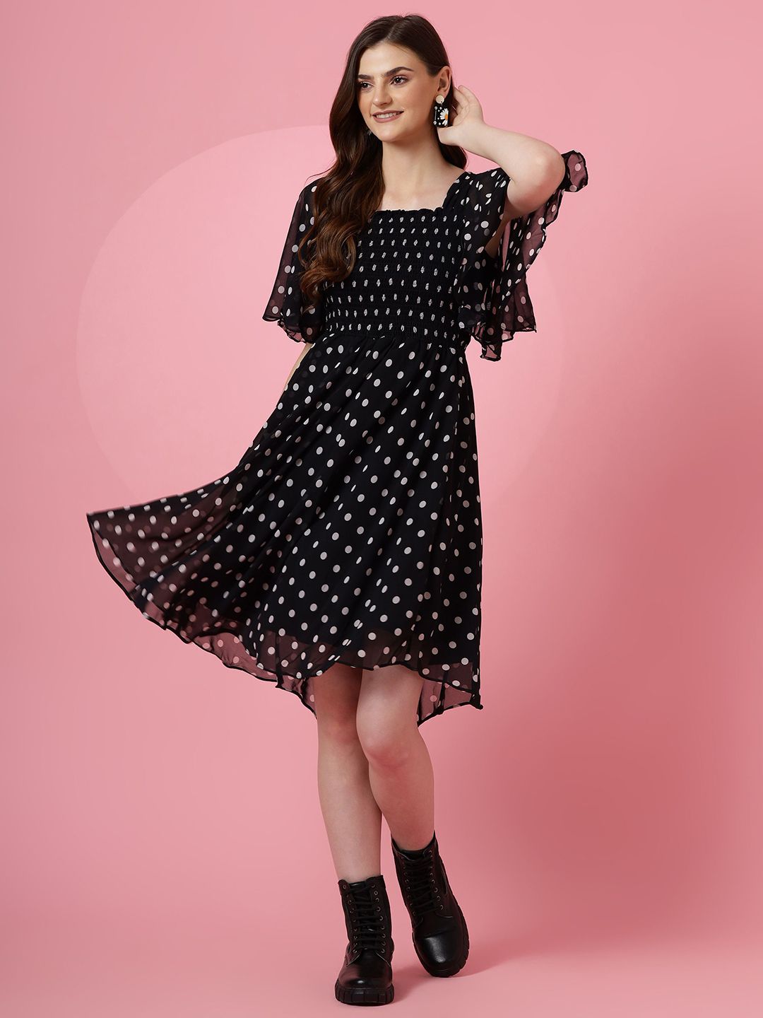 Polka Dot Print Flared Sleeve Georgette Fit & Flare Midi Dress 5