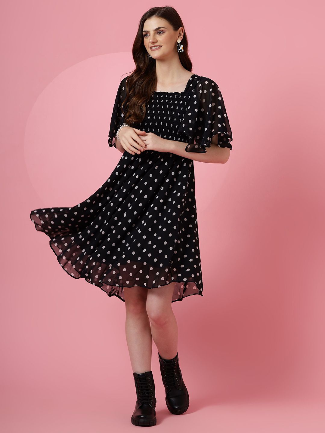 Polka Dot Print Flared Sleeve Georgette Fit & Flare Midi Dress 6
