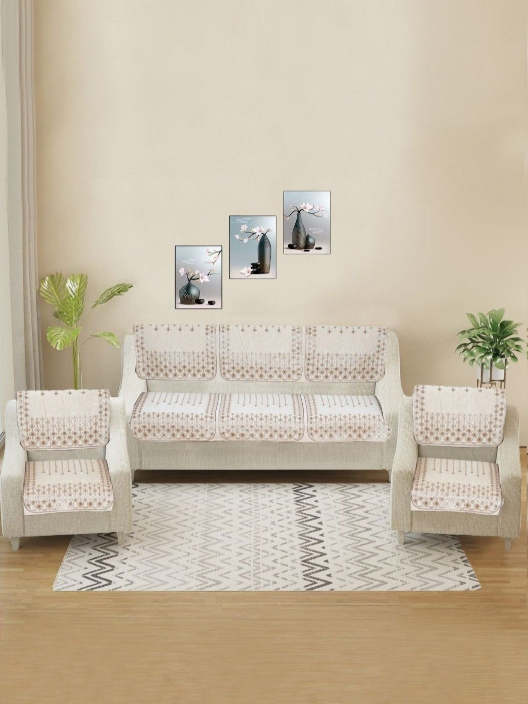 BREVARD Chenille Floral Washable 10PC Straight 5 Seater Sofa Cover-70x27In