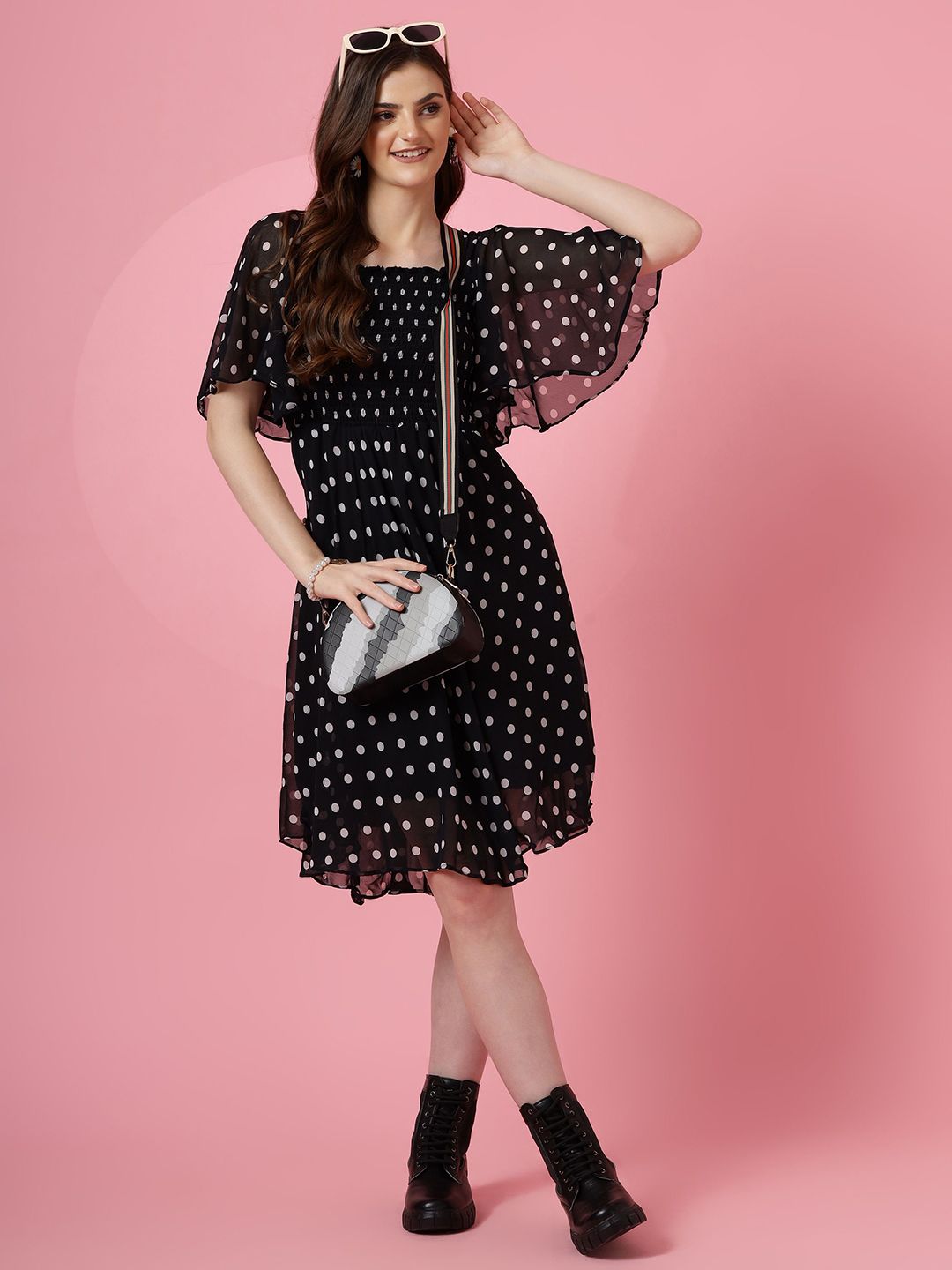 Polka Dot Print Flared Sleeve Georgette Fit & Flare Midi Dress 7