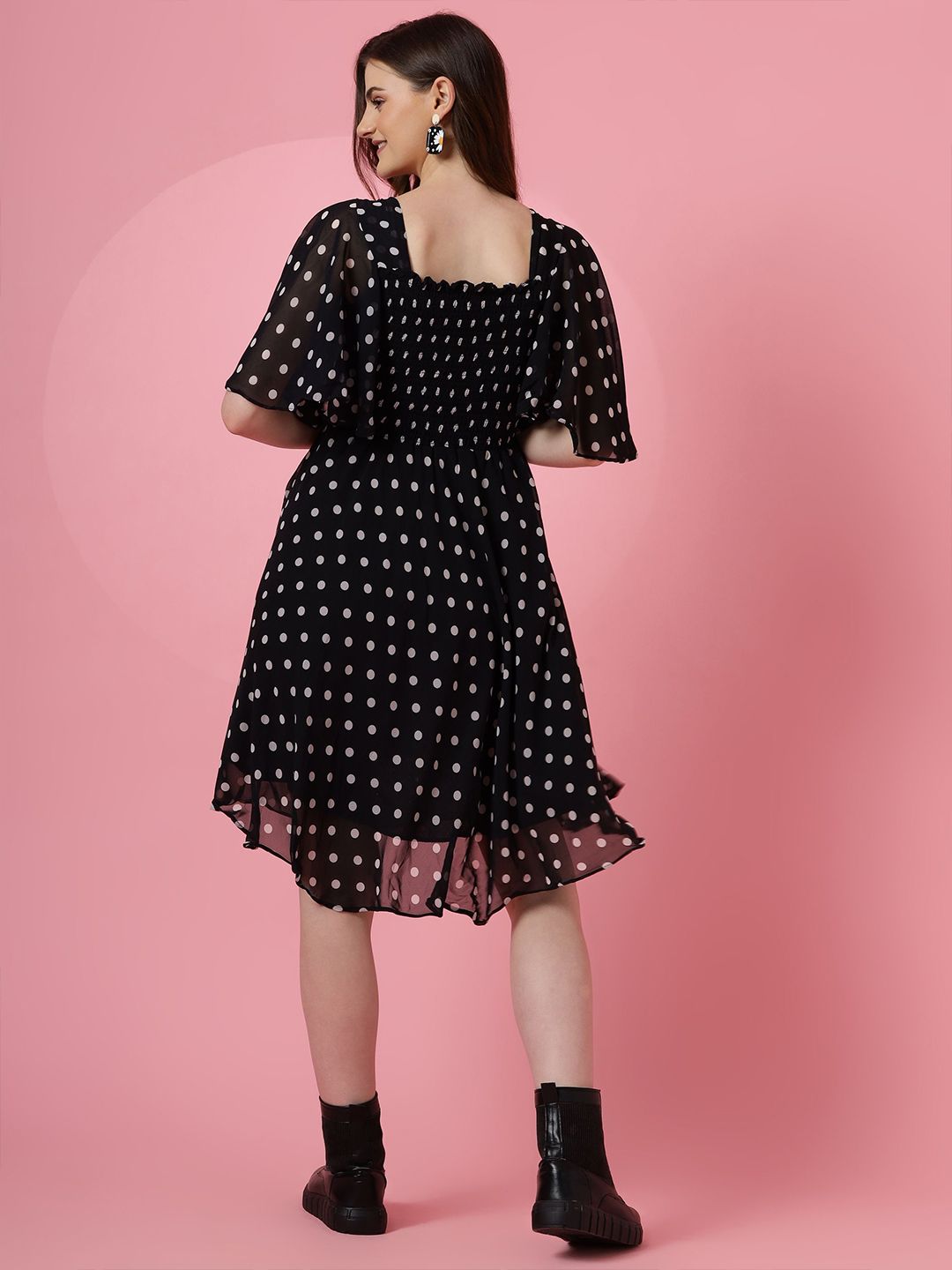 Polka Dot Print Flared Sleeve Georgette Fit & Flare Midi Dress 4