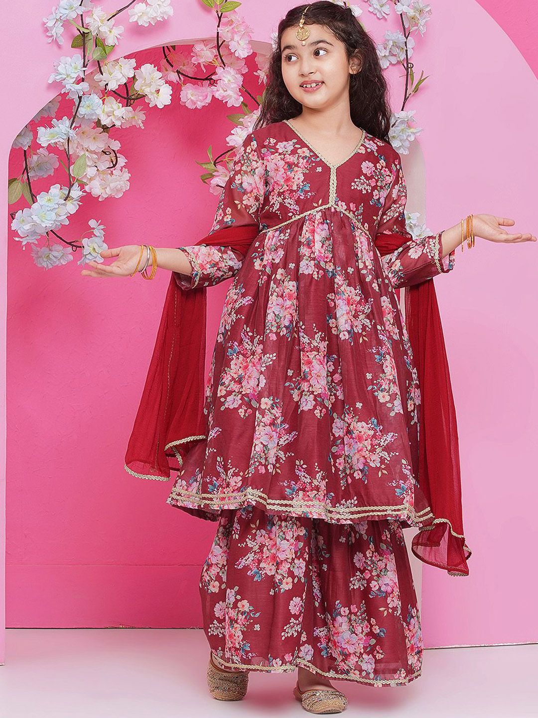 Bitiya by Bhama Girls Floral Printed Empire Gotta Patti Kurta with Sharara & With Dupatta