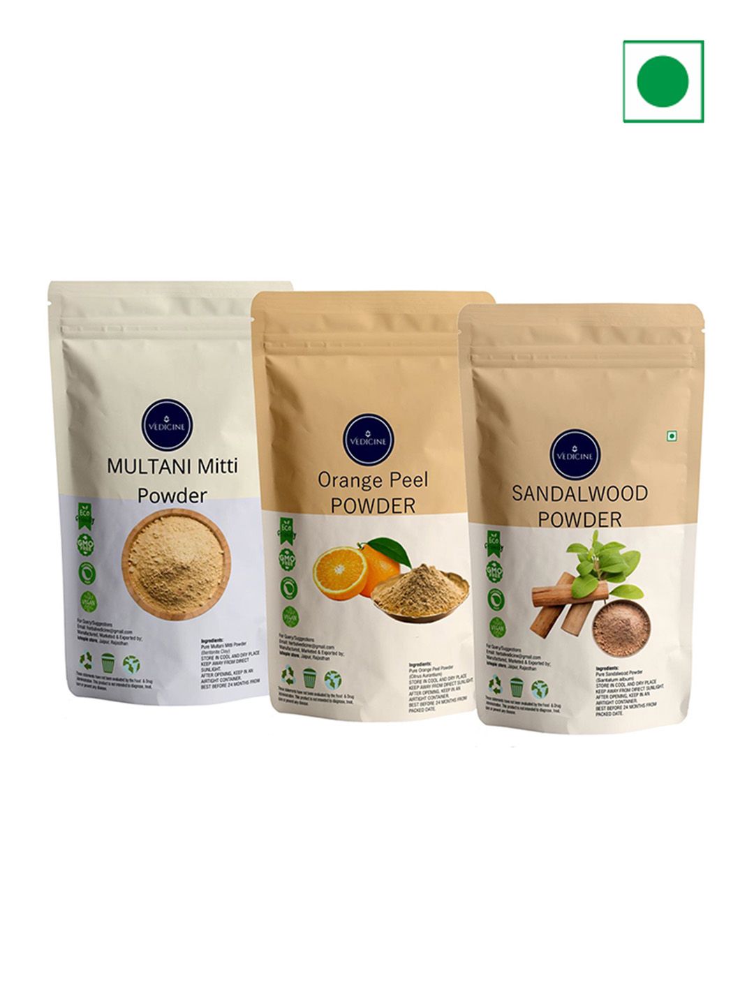 VEDICINE Set Of 3 Multani Mitti Orange Peel & Sandalwood Powder Face Pack- 250g Each