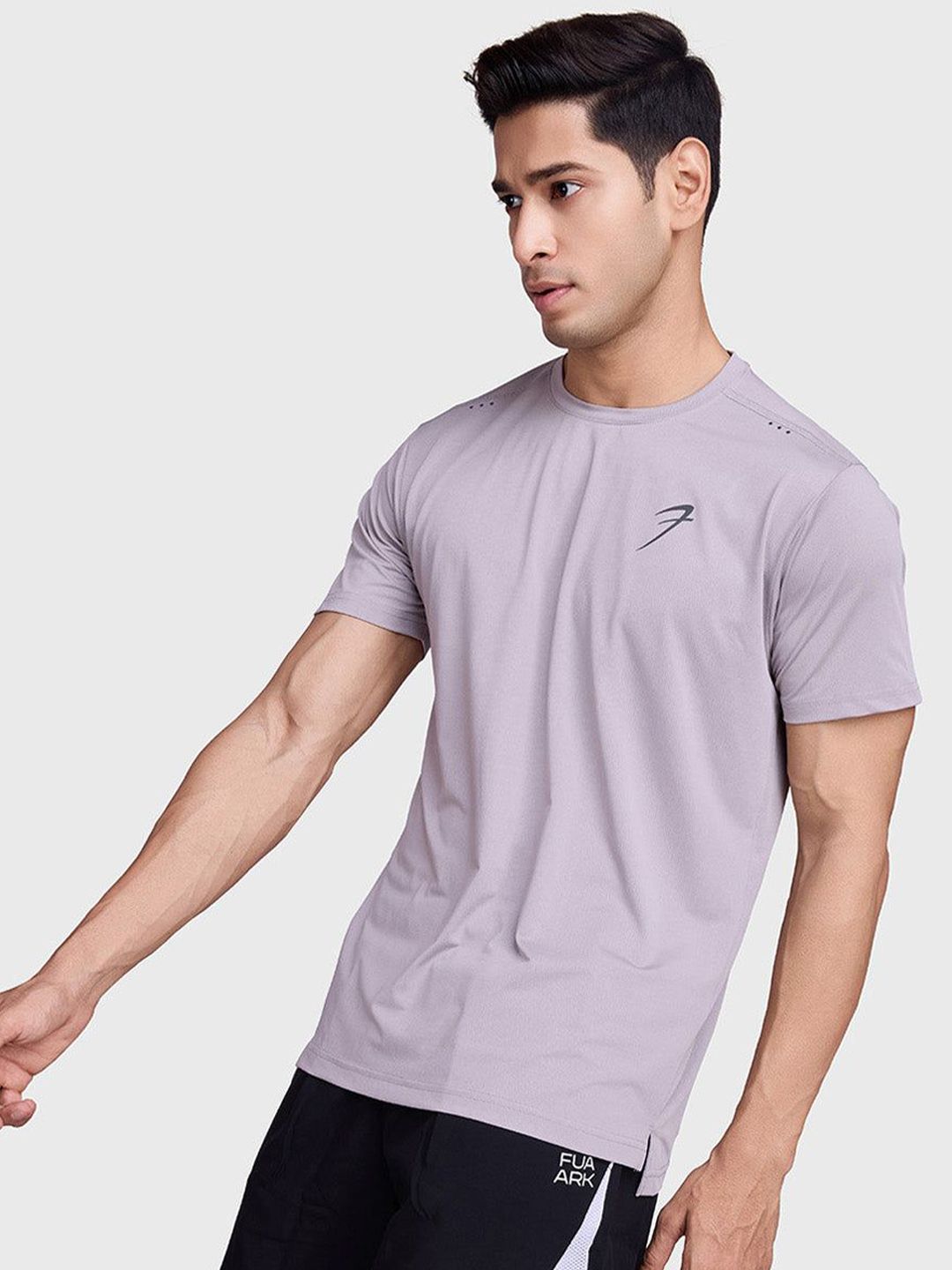 FUAARK Men Moisture Wicking Laser Cut Running Tshirt Gym Grey Solid Round Neck Slim Fit T-shirt