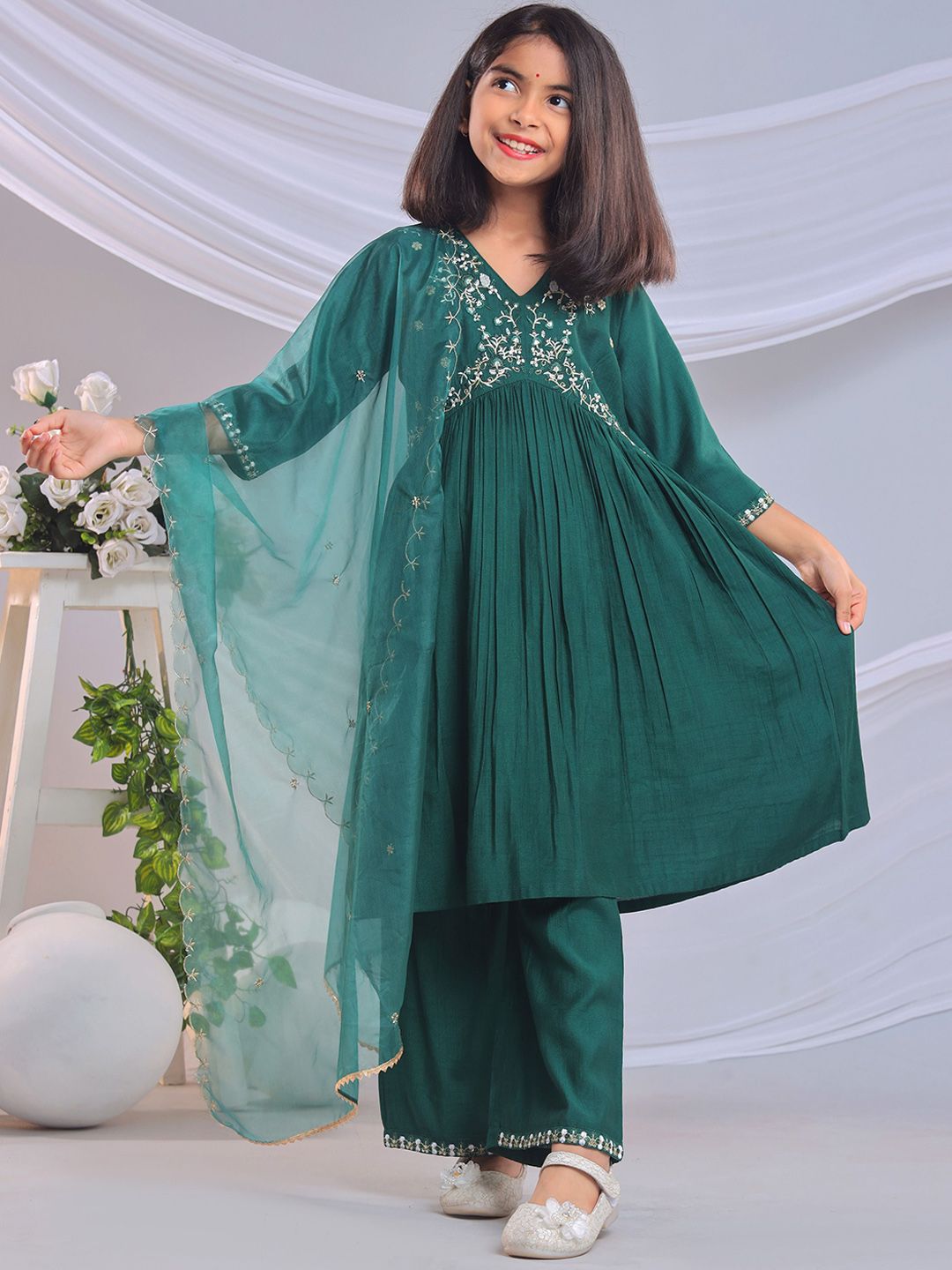 BAESD Girls Floral Embroidered V-Neck Kurta with Palazzos & Dupatta