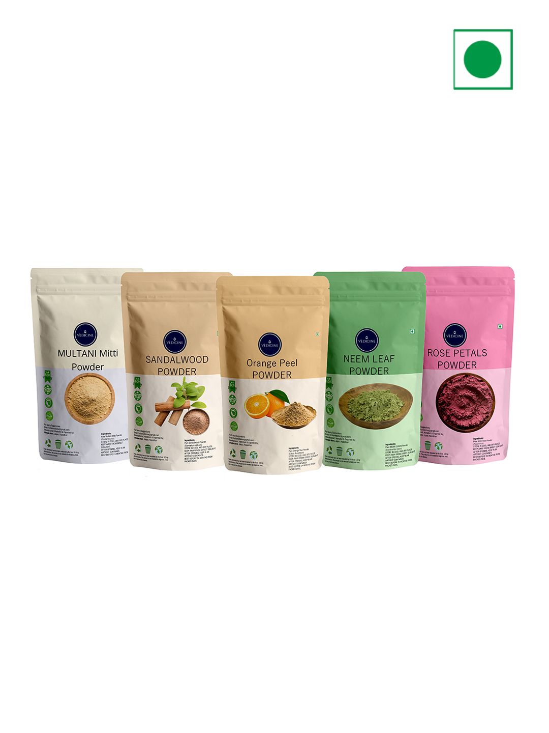 VEDICINE Multani Mitti Sandalwood Orange Neem Leaf Rose Petal Powder Face Mask- 75g Each