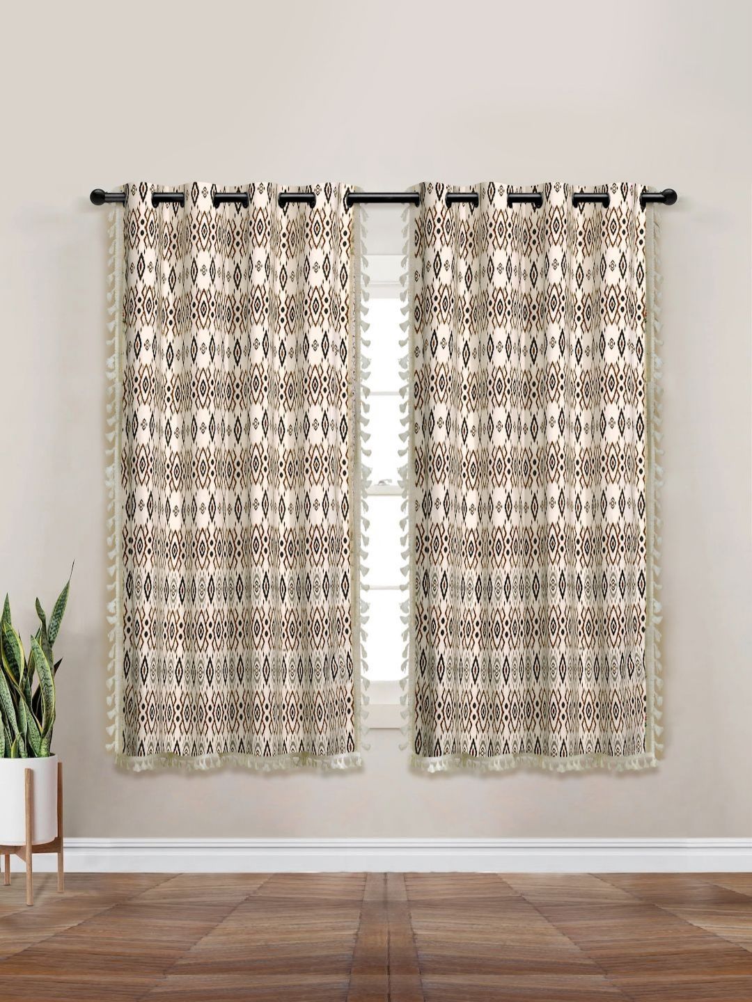 Myntra Elegant Homes Beige & White Set of 2 Ethnic Motifs Black Out Window Curtain