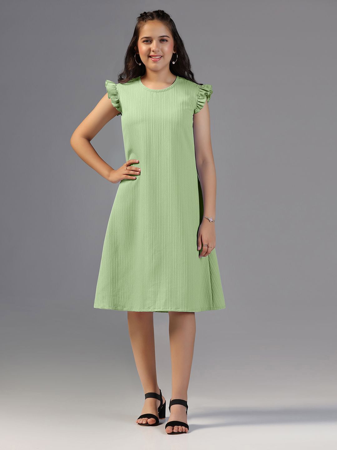 OMPAX Women Solid Flutter Sleeve A-Line Dress