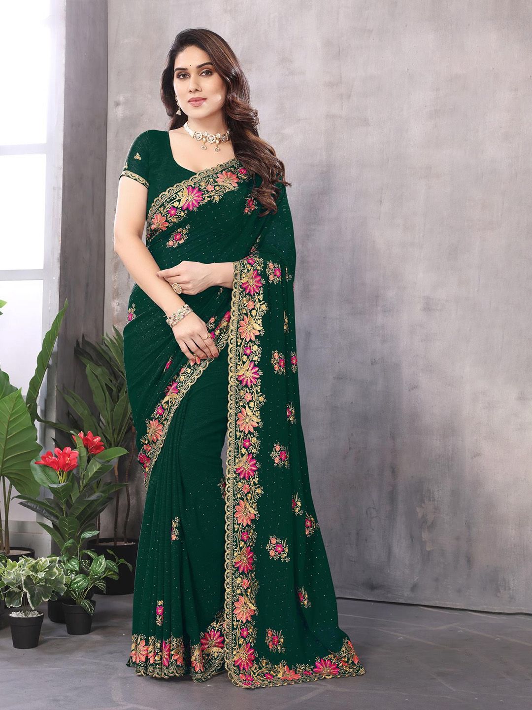 Floral Embroidered Pure Georgette Saree 2