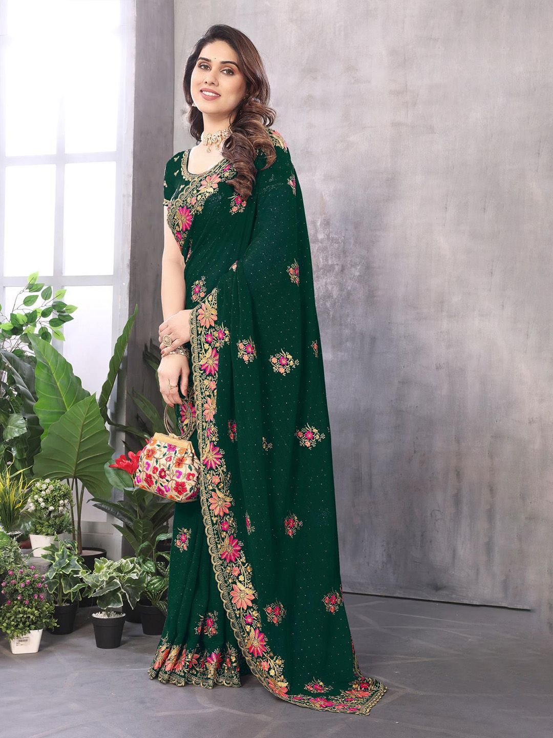 Floral Embroidered Pure Georgette Saree 3
