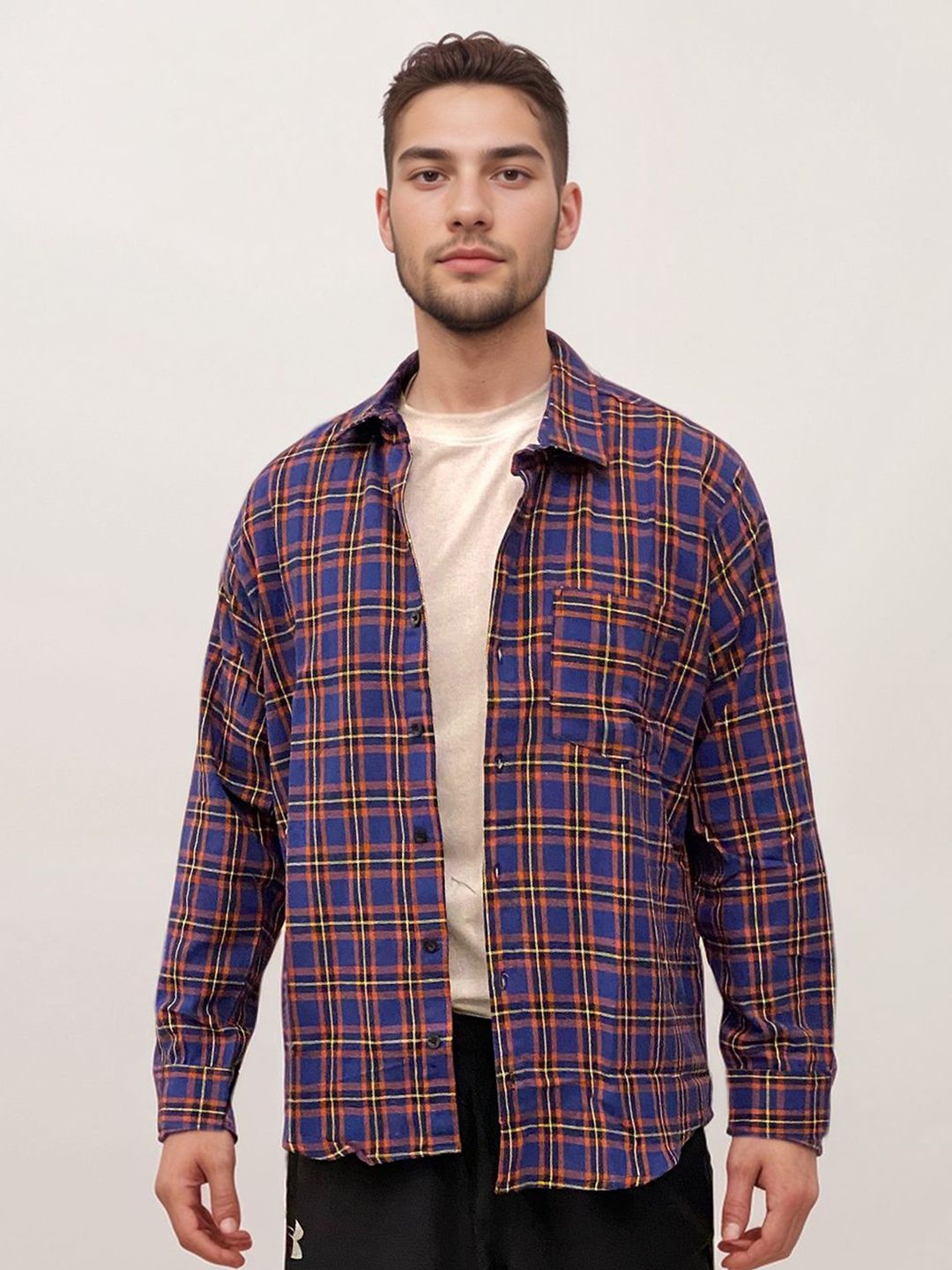 IZF Men Spread Collar Tartan Checked Cotton Relaxed Fit Casual Shirt