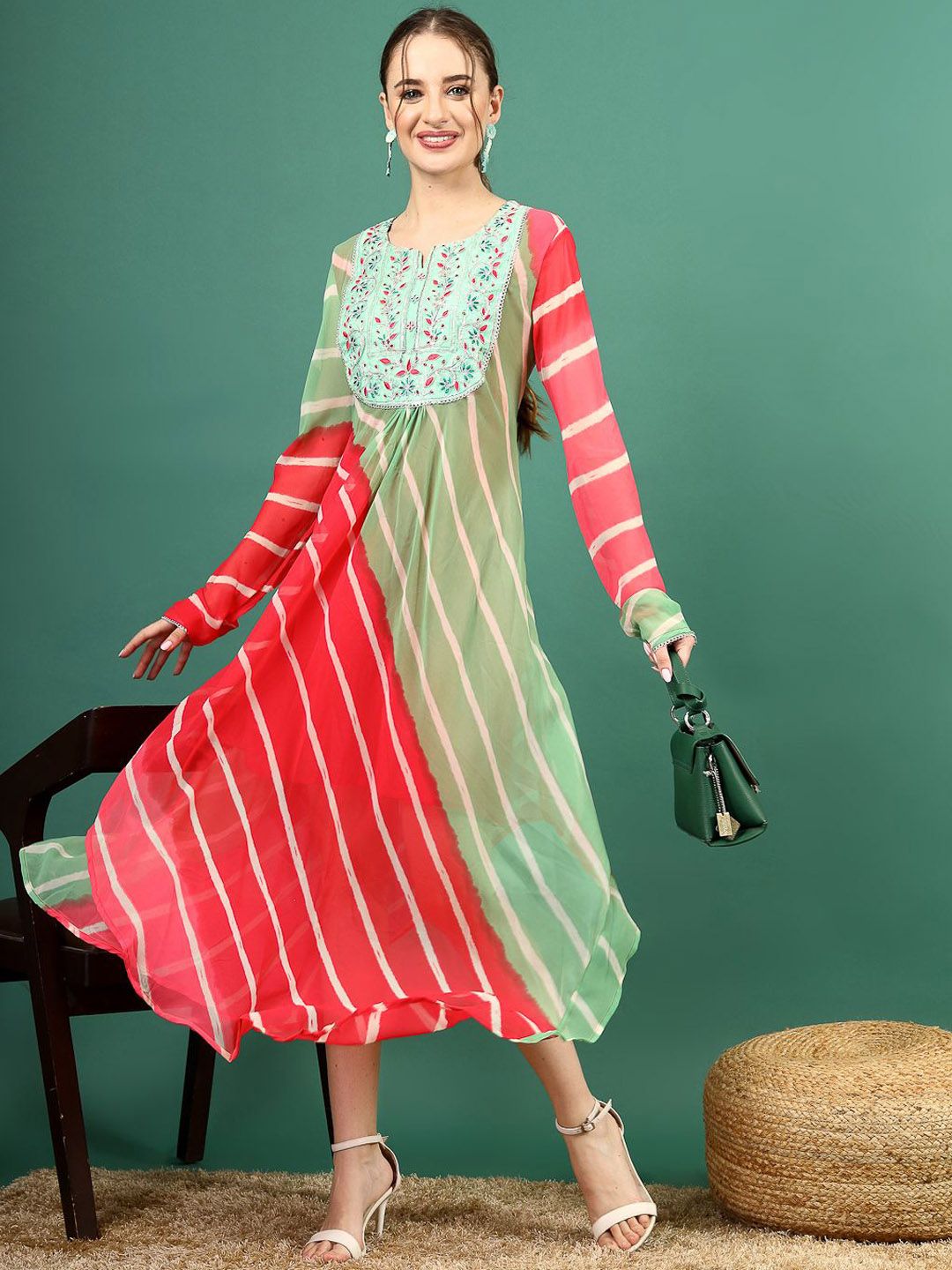 Sangria Green & Red Striped Embroidered Georgette Fit & Flare Maxi Ethnic Dress