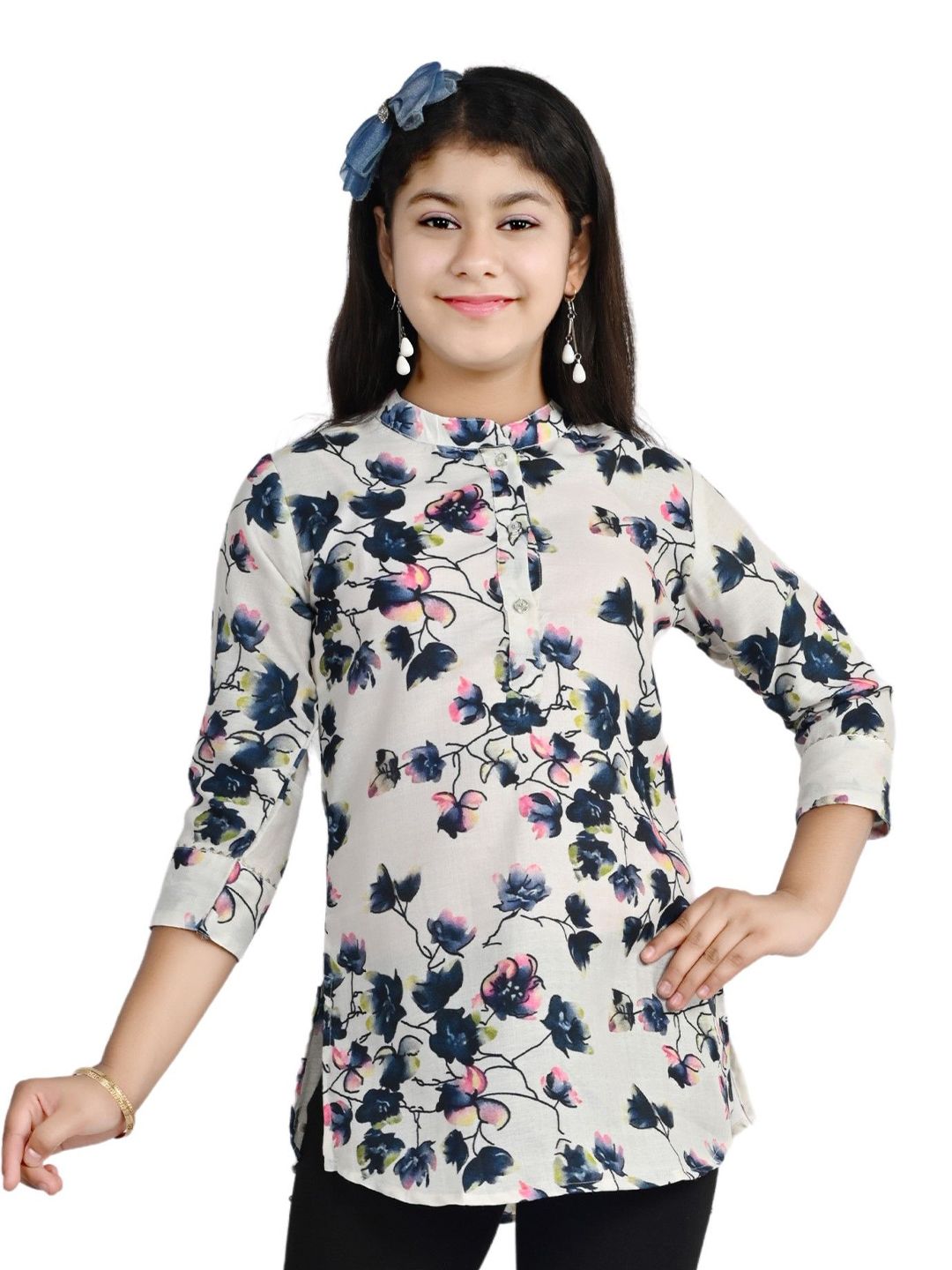 Arshia Fashions Print Mandarin Collar Linen Top
