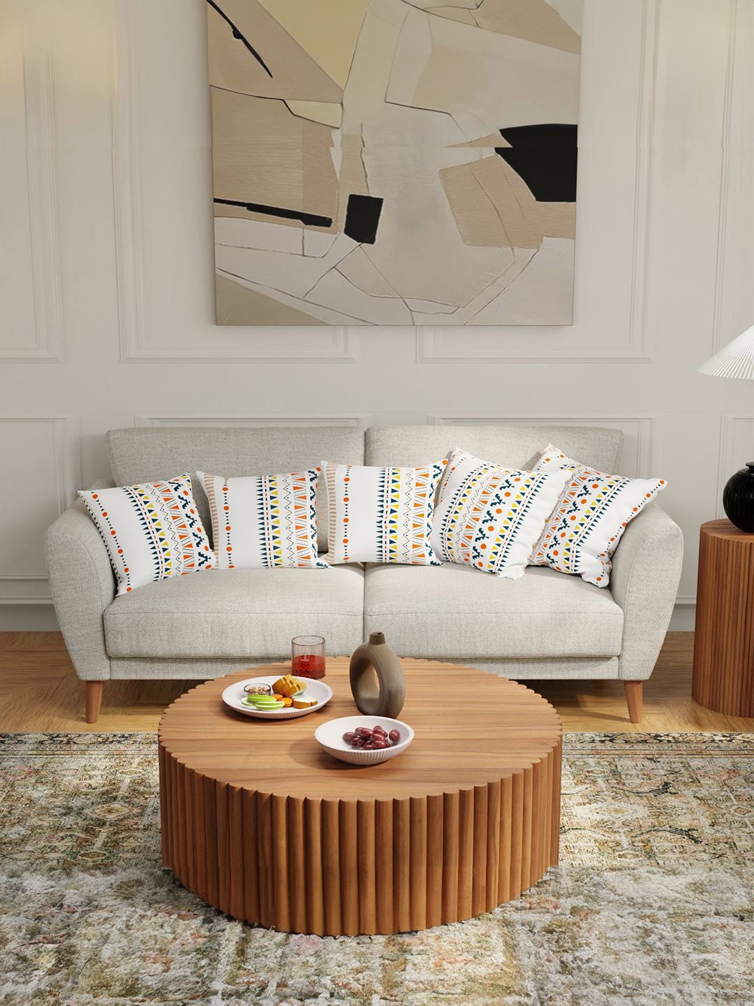 URBAN SPACE White & Orange 5 Pieces Geometric Printed Cotton Square Cushion Covers