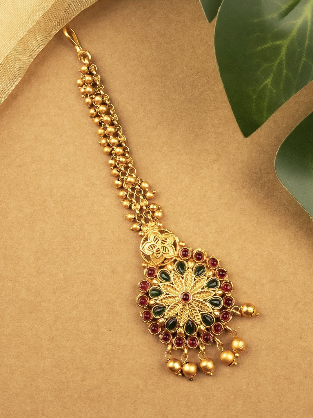 StileAdda Gold-Plated Stones Studded Temple Maang Tikka