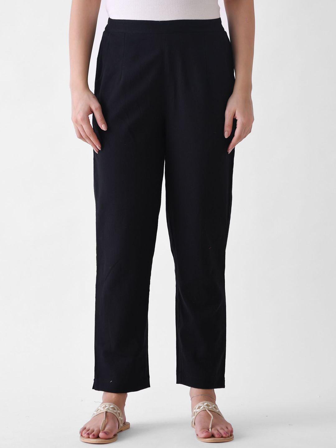 Rustorange Women Black Pure Cotton Mid-Rise Trousers