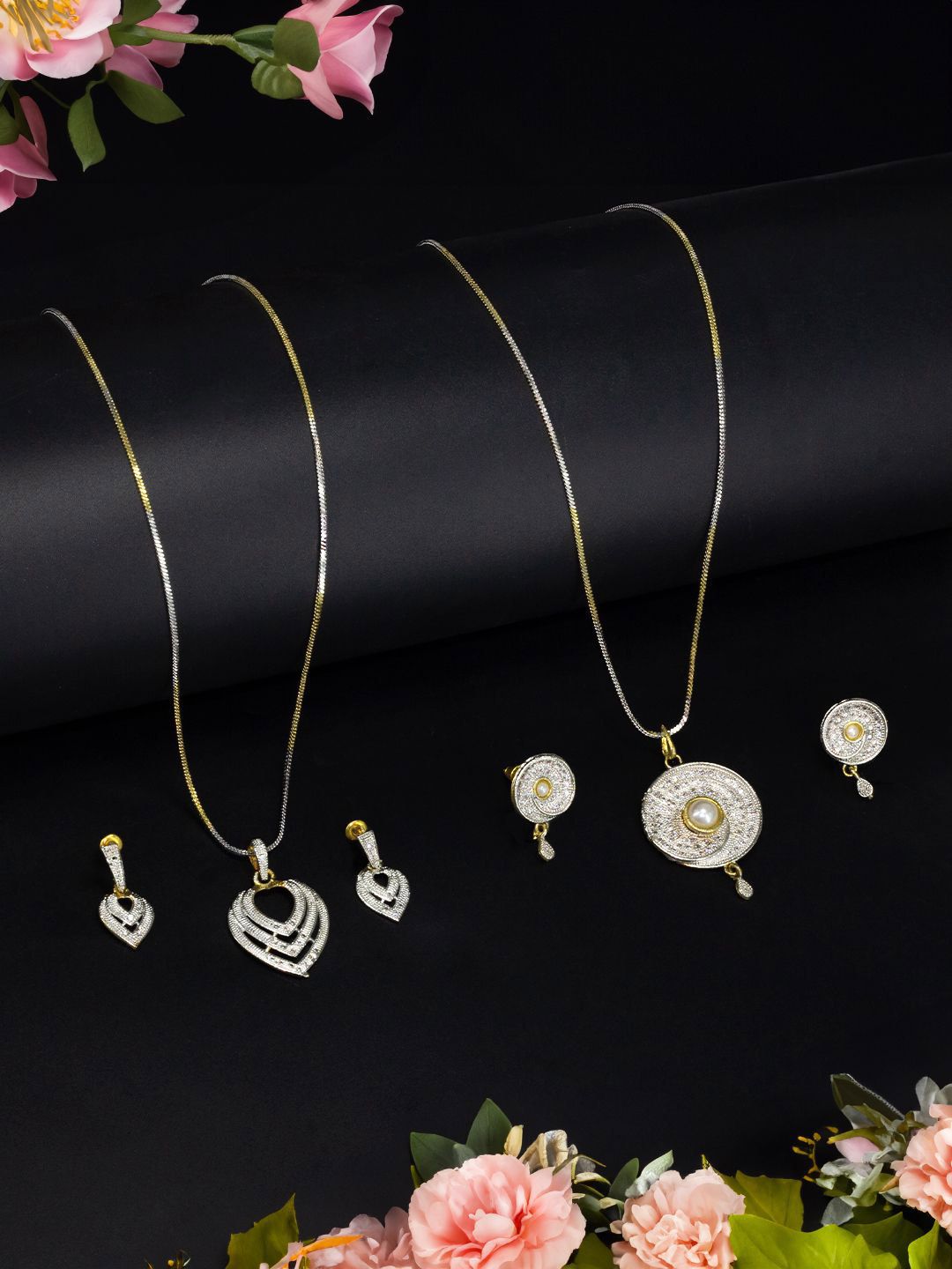 PRIVIU Set Of 2 Gold-Plated Cubic Zirconia Circular Pendants With Chains
