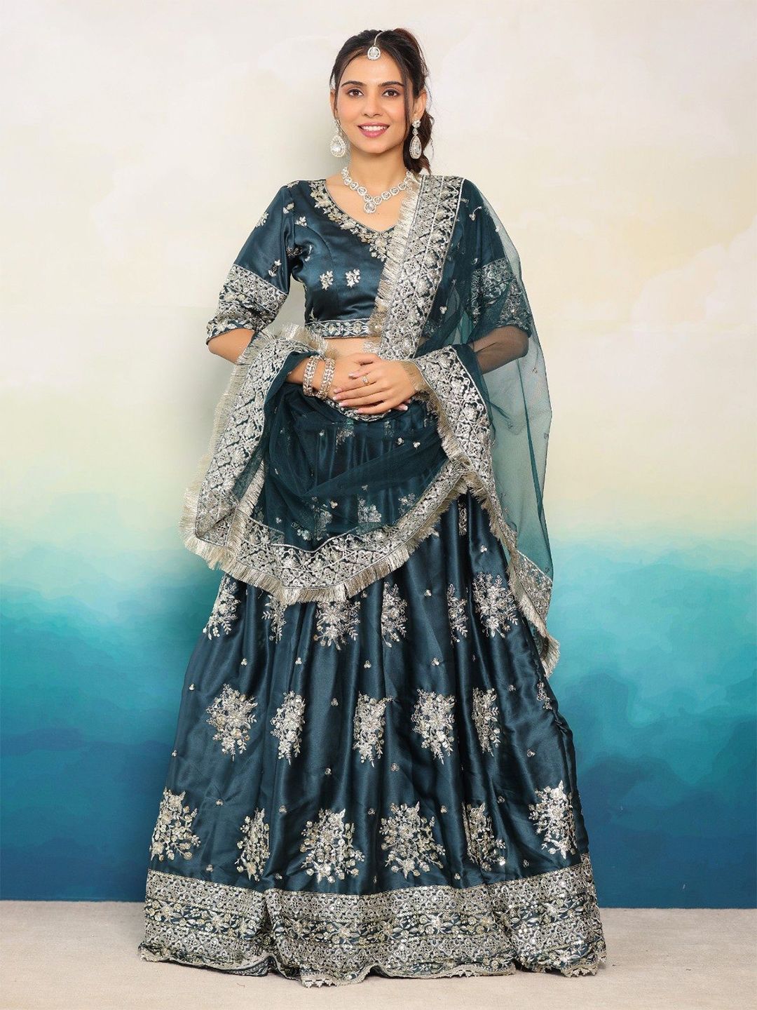 Futra Gabha Embellished V-Neck Sequinned Satin Ready to Wear Lehenga & Blouse With Dupatta