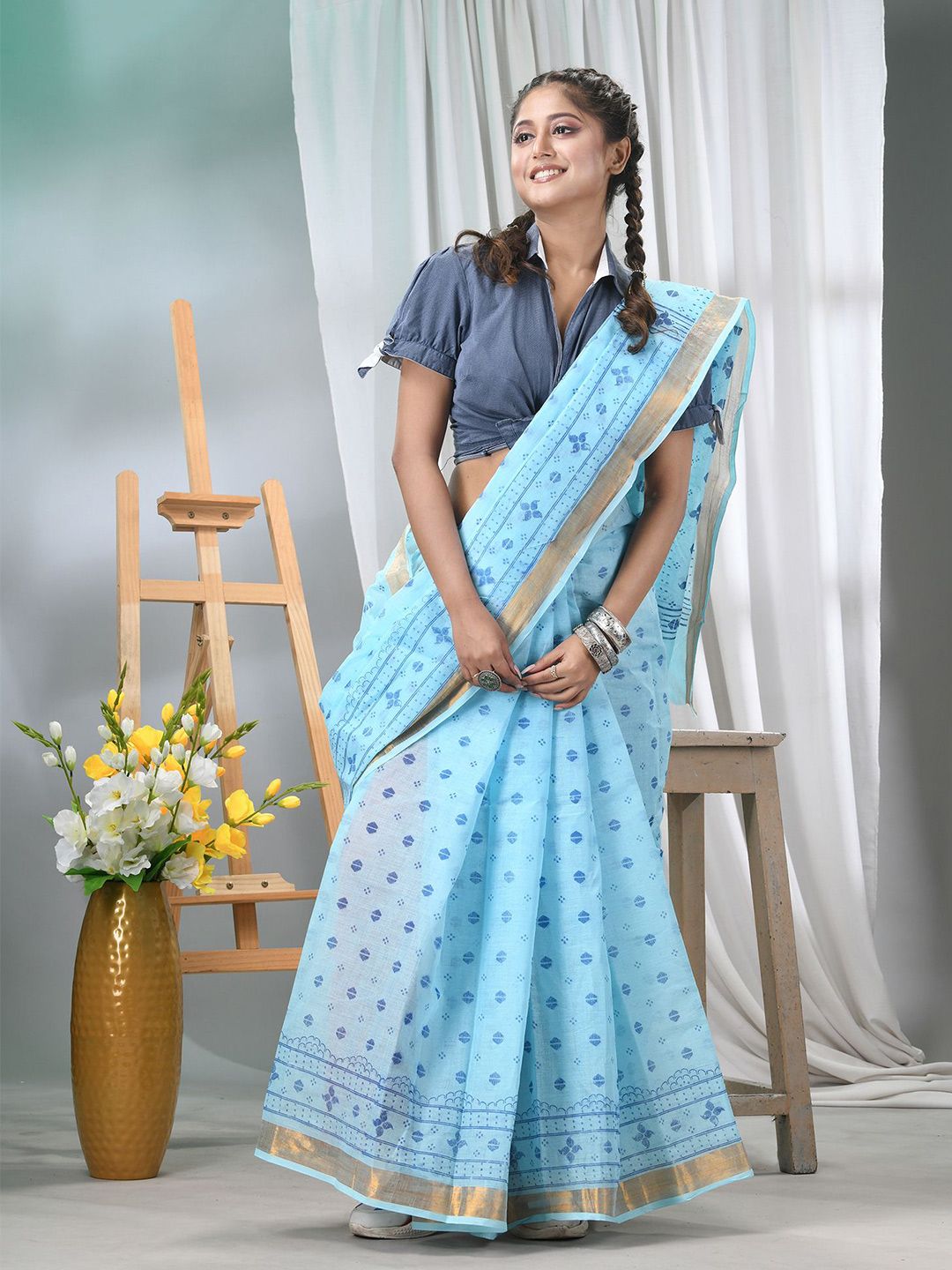 TANTLOOM Ethnic Motifs Zari Pure Cotton Taant Saree