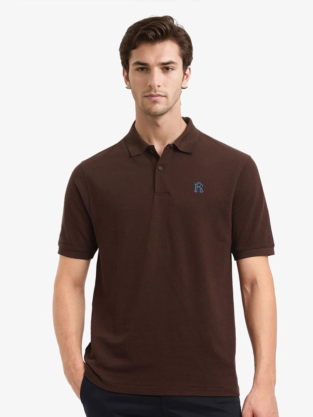 RARE RABBIT Men Embroidered Spread Collar Half Sleeve Cotton Regular Fit Polo T-Shirt