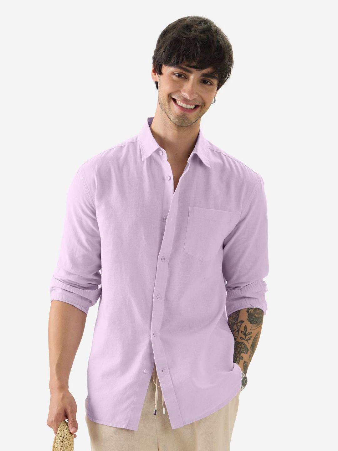 The Souled Store Men Orchid Solid Lavender Regular Fit Cotton Linen Shirts