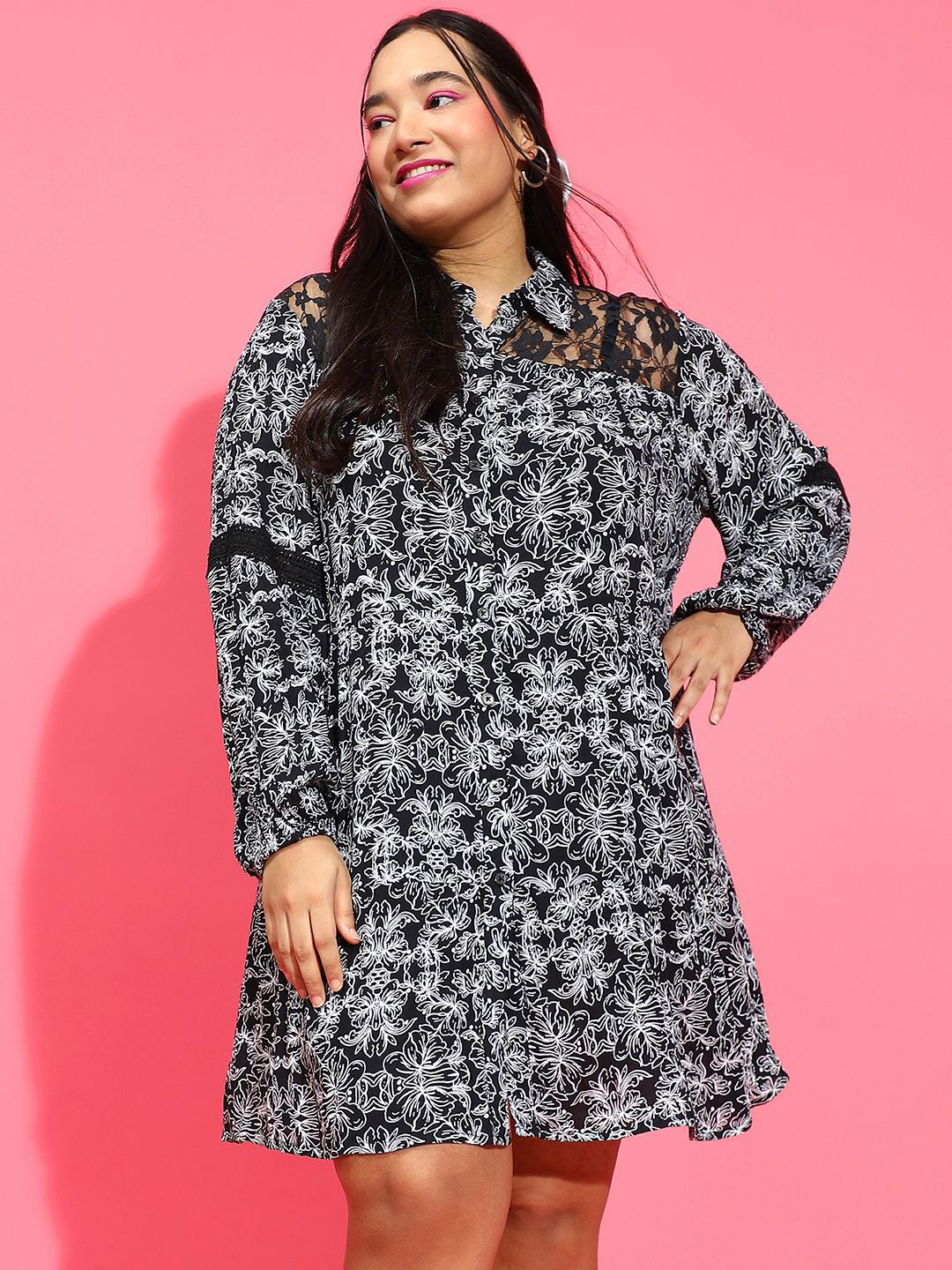 Oxolloxo Floral Print Crepe Shirt Dress